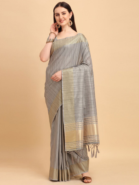 

VISHNU WEAVES Grey & Gold-Toned Woven Design Zari Tussar Saree