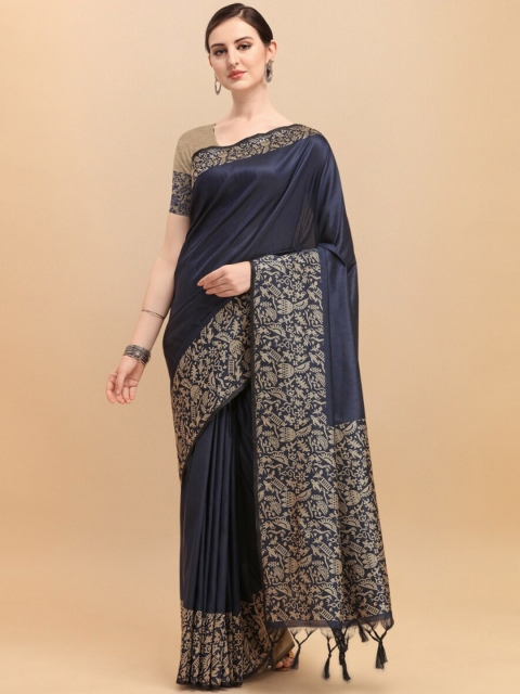 

VISHNU WEAVES Women Navy Blue & Beige Kalamkari Bhagalpuri Saree
