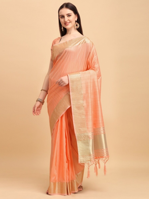 

VISHNU WEAVES Peach-Coloured & Gold-Toned Woven Design Zari Tussar Saree