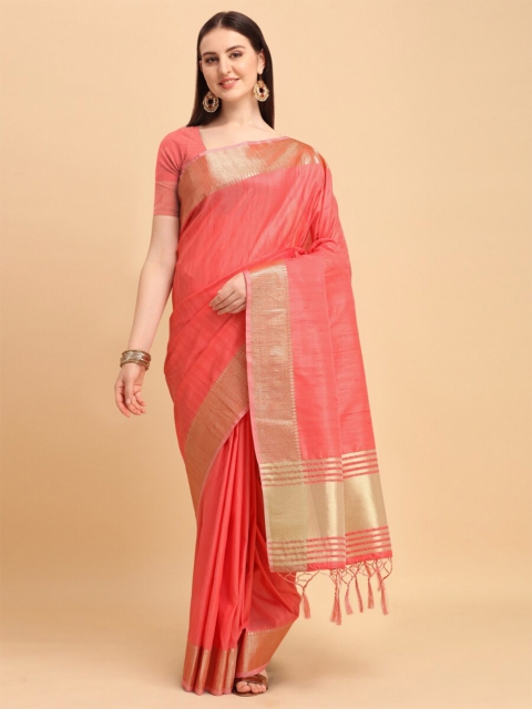 

VISHNU WEAVES Pink & Gold-Toned Zari Tussar Saree