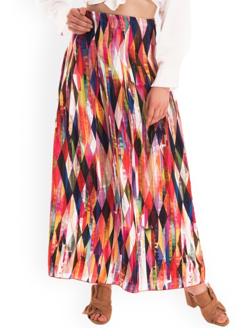 

KHUMAAR Shuchi Bhutani Women Pink & Blue Printed A-Line Maxi Skirt