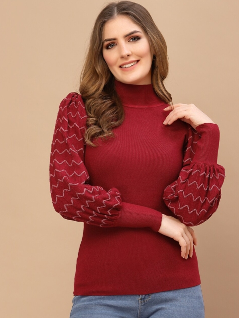 

Mafadeny Women Maroon Embroidered Sweater Top