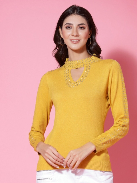 

Mafadeny Women Mustard Pullover with Embellished Detail