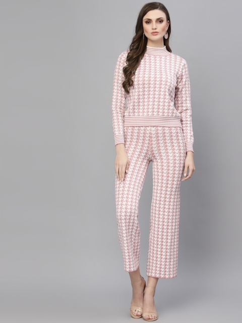 

Mafadeny Women Peach-Colored & White Self-Design Top & Trousers Co-Ords