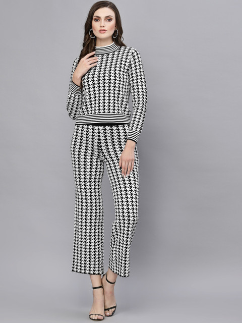 

Mafadeny Women Black & White Self-Design Top & Trousers Co-Ords
