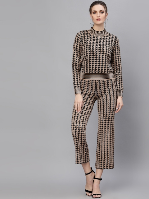 

Mafadeny Women Khaki & White Self-Design Top & Trousers Co-Ords