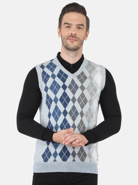 

Monte Carlo Men Blue & Grey Checked Printed Sweater Vest