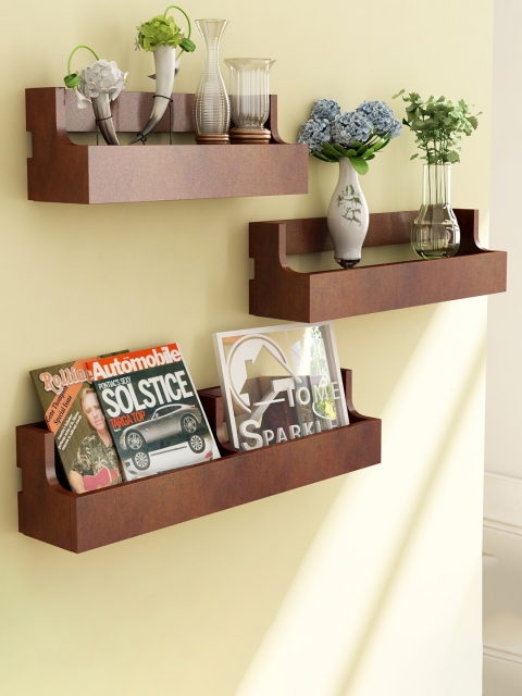 

Home Sparkle Pack Of 3 Brown Solid Wooden Pocket Wall Shelves