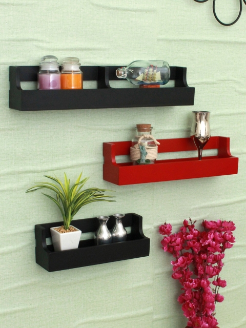 

Home Sparkle Set Of 3 Black & Red Wall Mounted shelves