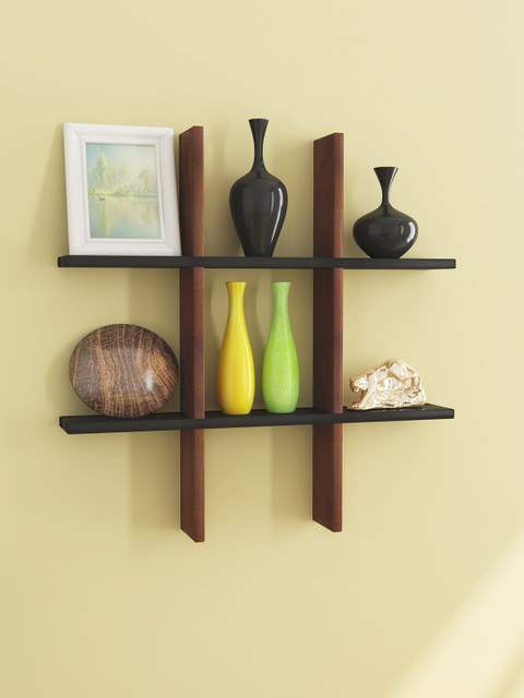 

Home Sparkle Brown and Black Plus Shaped Engineered Wood Wall Shelves