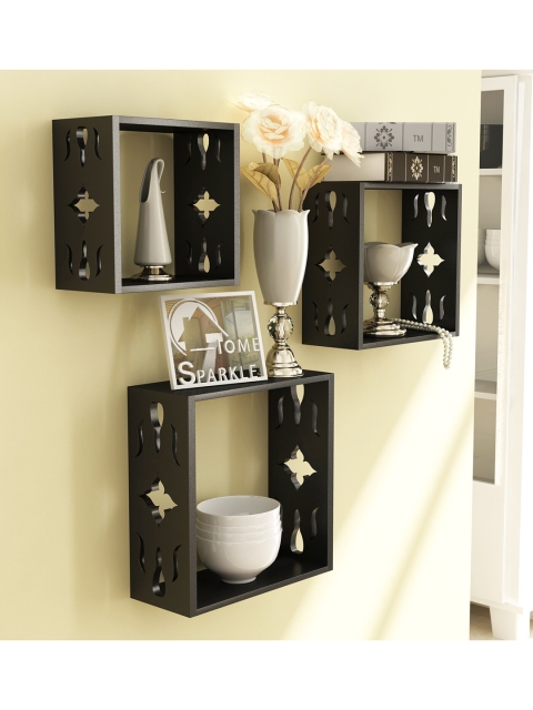 

Home Sparkle Set Of 3 Black Wood Wall Shelves