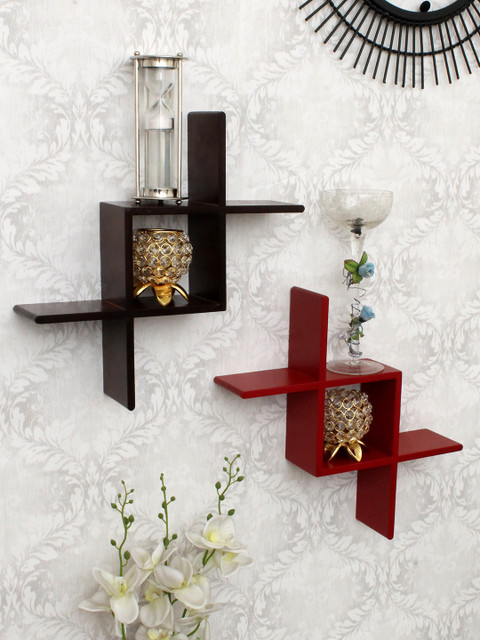 

Home Sparkle Set OF 2 Brown Floating Wall Mounted Cross Design MDF Wall Shelf
