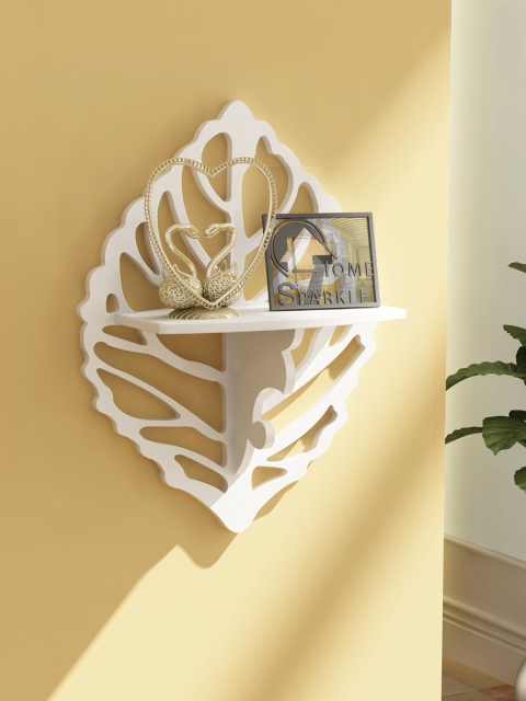 

Home Sparkle Solid Wooden Carved Leaf Shape Design Wall Shelf, White