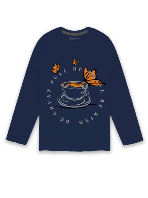 

KYDA KIDS Girls Navy Blue Typography Printed Cotton T-shirt