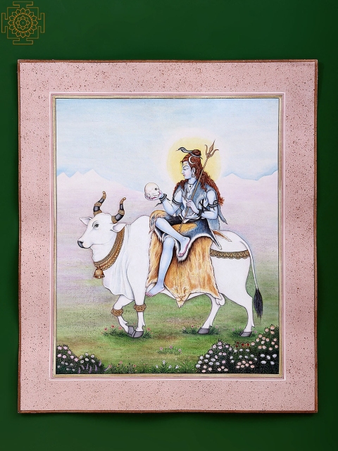 

Exotic India Blue & Beige Lord Shiva Seated On Nandi Painted Wall Art