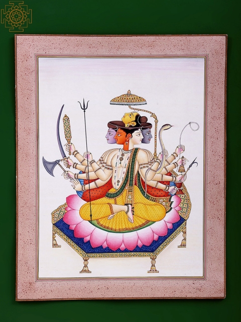 

Exotic India Pink & Yellow Sadashiva or Pancha-mukha Shiva Painting Wall Art