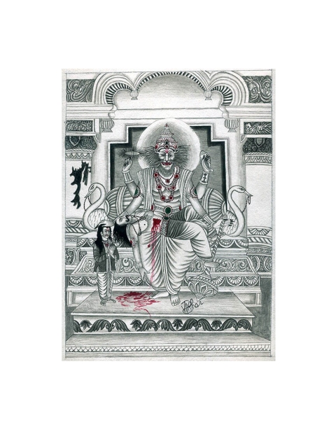 

Exotic India Grey The Salvation of Hiranyakasyapu Painted Wall Art