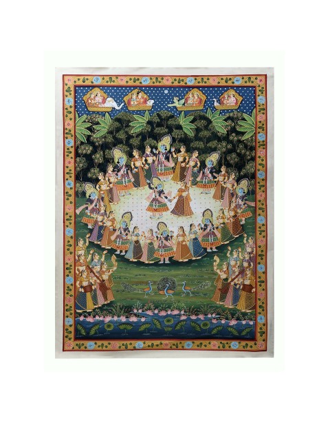 

Exotic India Green Shri Krishna Rasa Leela Painted Wall Art, Multi