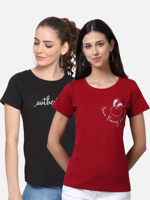 

UnaOne 2 Women Pure cotton Maroon & Black T-shirt