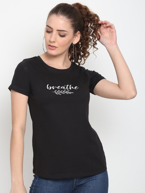 

UnaOne Women Black Typography Printed Pure Cotton T-shirt