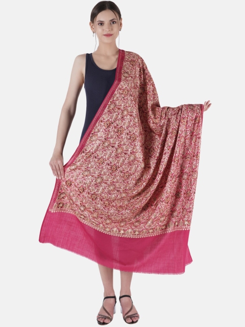 

MUFFLY Women Pink Pashmina Fine Wool Nalki Embroidery Needle work Wool Shawl