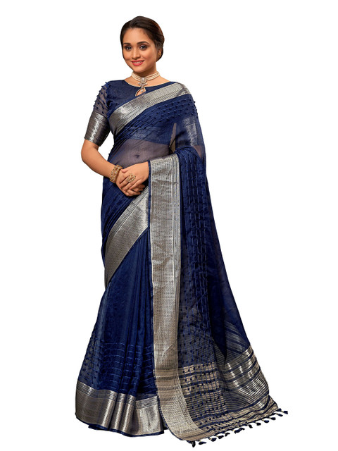 

MANOHARI Blue & Silver-Toned Printed Woven Design Saree