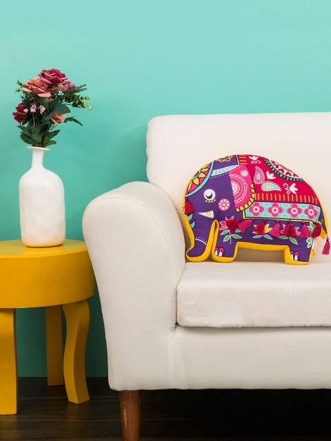 

Chumbak Purple Polyester 13.4" x 16.9" Elephant-Shaped Printed Cushion