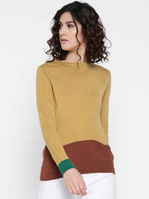 

Anouk Women Mustard Yellow & Brown Colourblocked Sweater