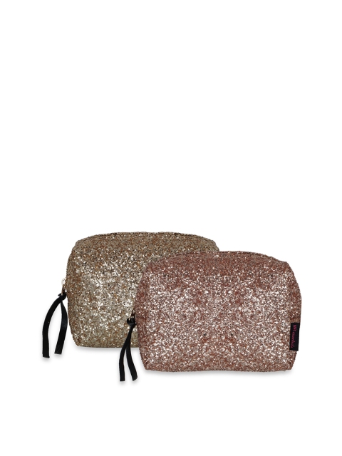 

NFI essentials Women Set of 2 Solid Glittery Makeup Pouch, Gold