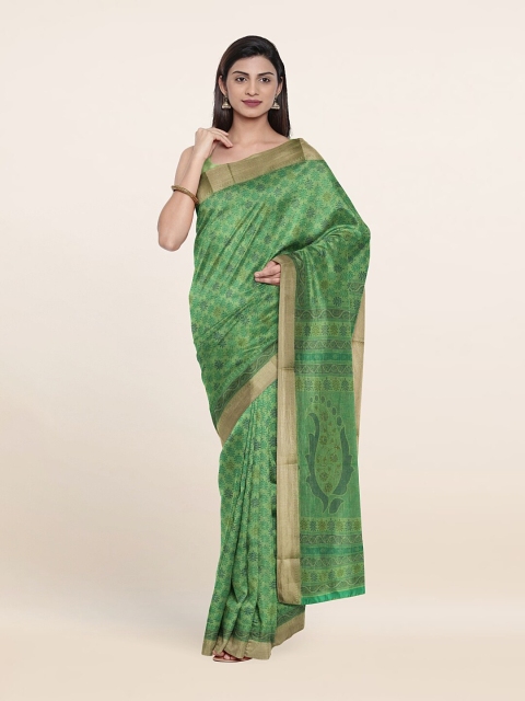 

Pothys Green & Grey Floral Chanderi Cotton Blend Saree