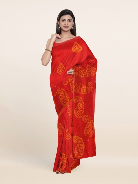

Pothys Red & Brown Paisley Cotton Blend Saree With Unstitched Blouse Piece