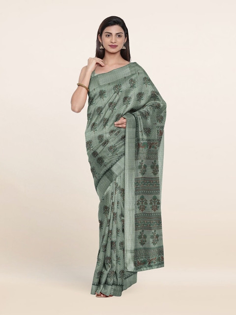 

Pothys Green & Black Floral Chanderi Cotton Saree