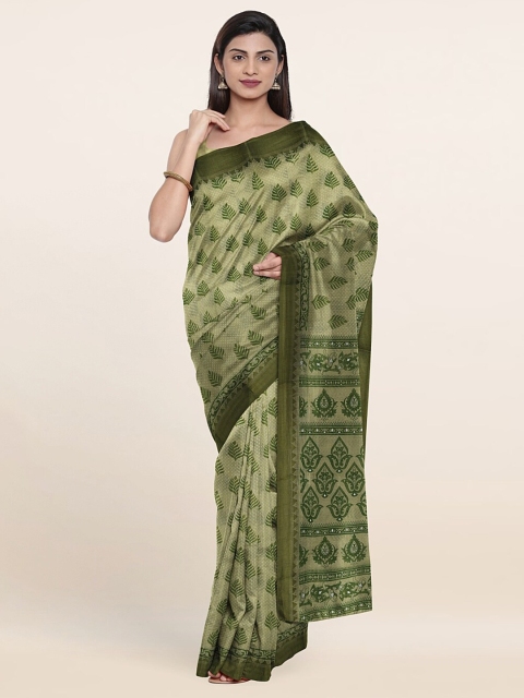 

Pothys Green & Beige Floral Chanderi Cotton Saree