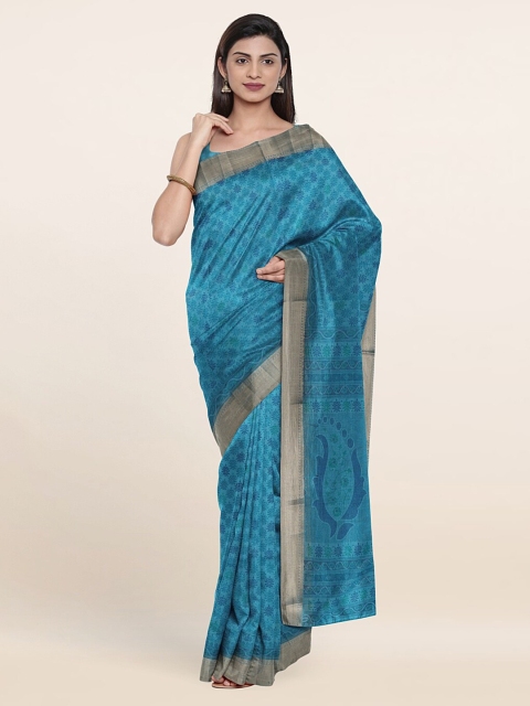 

Pothys Blue & Gold-Toned Printed Chandhari Cotton Zari Saree