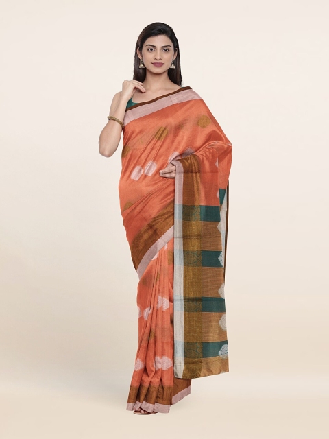 

Pothys Peach-Coloured & Green Woven design printed Saree