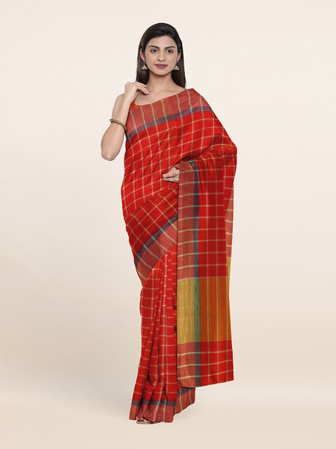 

Pothys Orange & Yellow Checked Pure Cotton Saree With Unstitched Blouse Piece