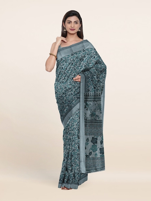 

Pothys Grey & Green Floral Chanderi Cotton Saree