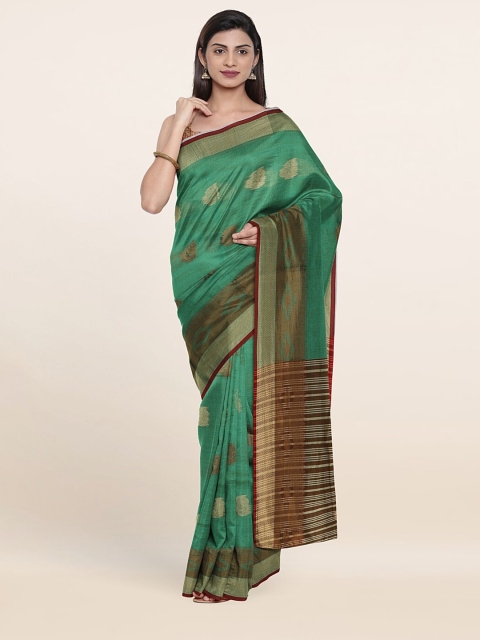 

Pothys Green & Brown Ethnic Motifs Zari Chanderi Saree