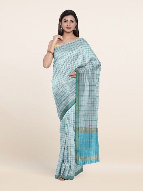 

Pothys Off White & Blue Checked Pure Cotton Saree