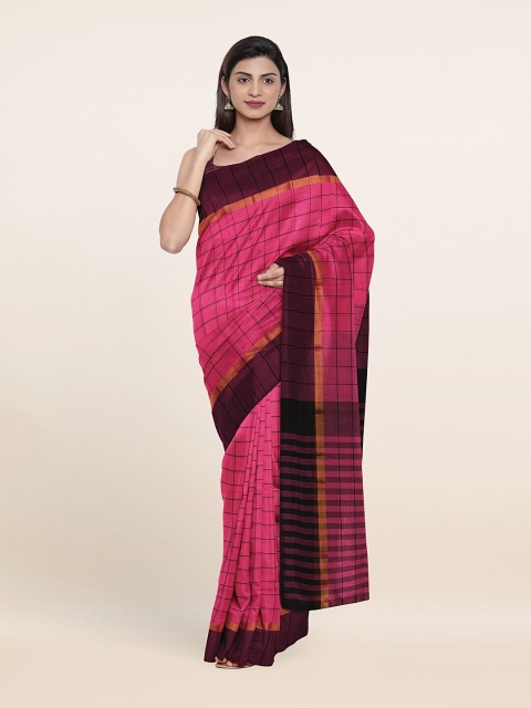 

Pothys Pink & Burgundy Checked Pure Cotton Saree