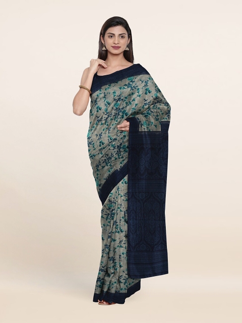 

Pothys Grey & Teal Floral Pure Cotton Saree With Unstitched Blouse Piece