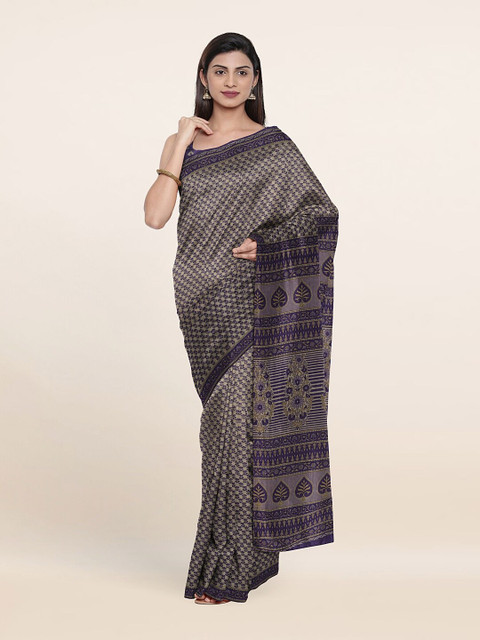

Pothys Blue & Brown Floral Pure Cotton Saree With Unstitched Blouse Piece