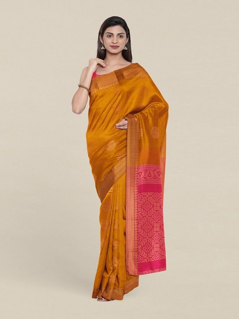 

Pothys Mustard & Pink Ethnic Motifs Zari Silk Cotton Saree