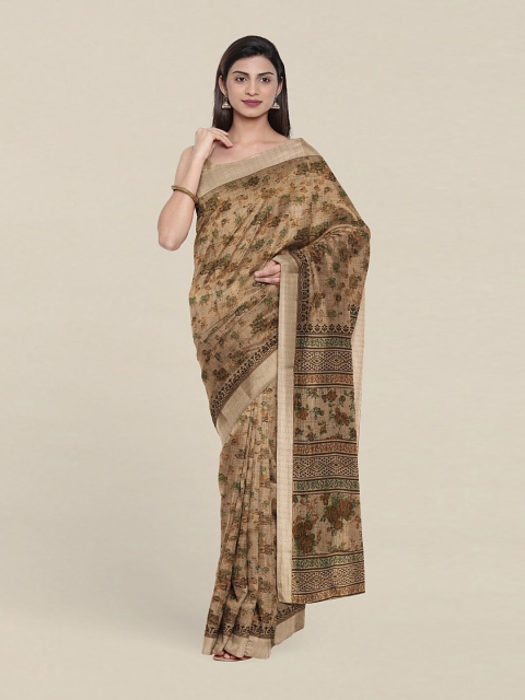 

Pothys Cream-Coloured & Green Floral Chandhari Cotton Saree