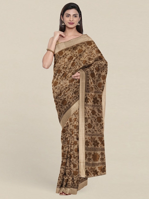 

Pothys Cream-Coloured & Brown Floral Chanderi Cotton Blend Saree