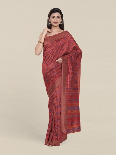 

Pothys Rust & Violet Printed Cotton Blend Chanderi Saree