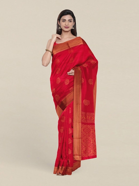 

Pothys Red & Gold-Toned Floral Zari Silk Cotton Saree