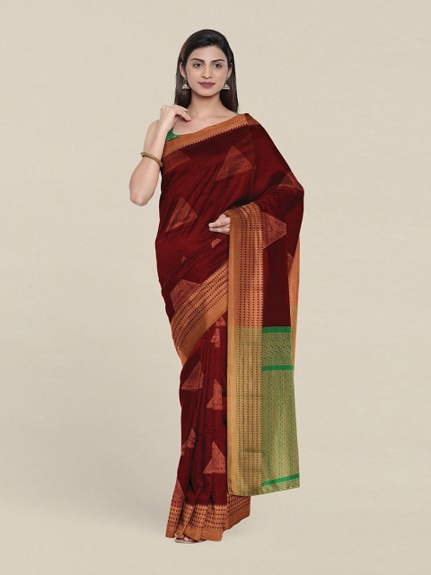 

Pothys Maroon & Green Ethnic Motifs Zari Silk Cotton Saree