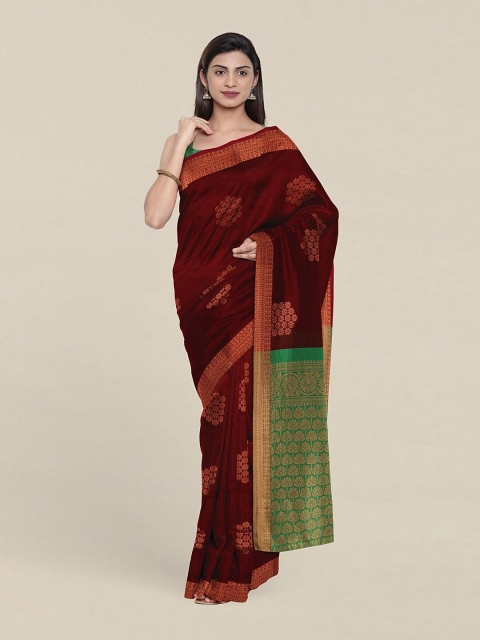 

Pothys Maroon & Green Ethnic Motifs Zari Silk Cotton Saree