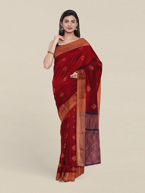 

Pothys Maroon & Orange Ethnic Motifs Zari Silk Cotton Saree